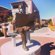 Load image into Gallery viewer, Richard H. Bryan statue at University of Nevada, Reno, wearing a medical mask. 
